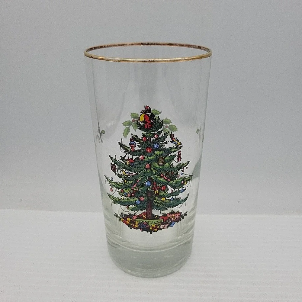 Spode Christmas Tree Glass Highball Gold Rim Mistletoe 5.5 Inch Made in UK